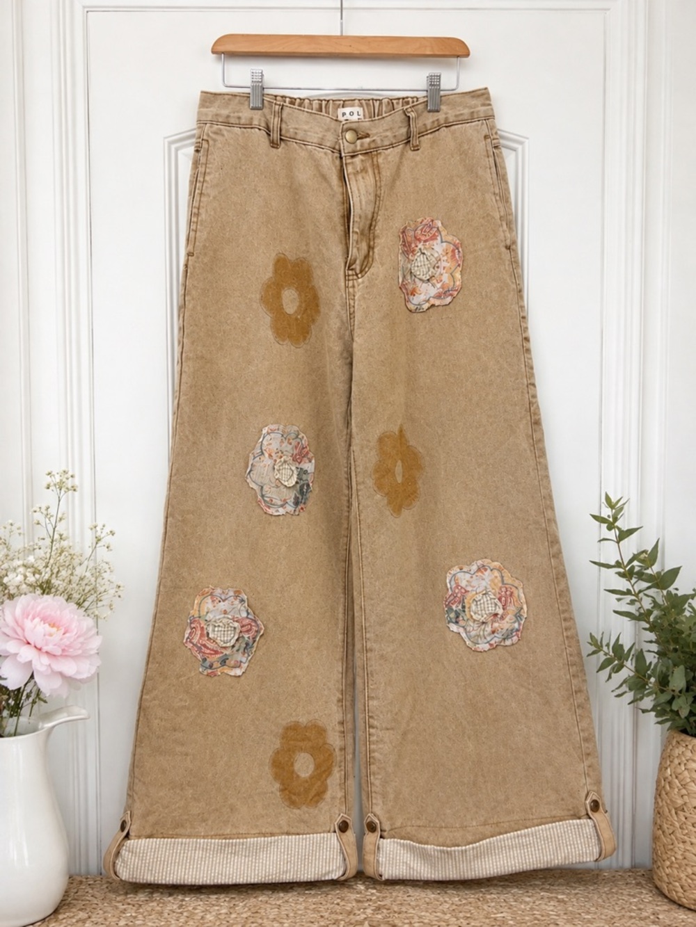 POL Size L Tan Floral Patchwork Wide Leg Cotton Pants Boho Artsy